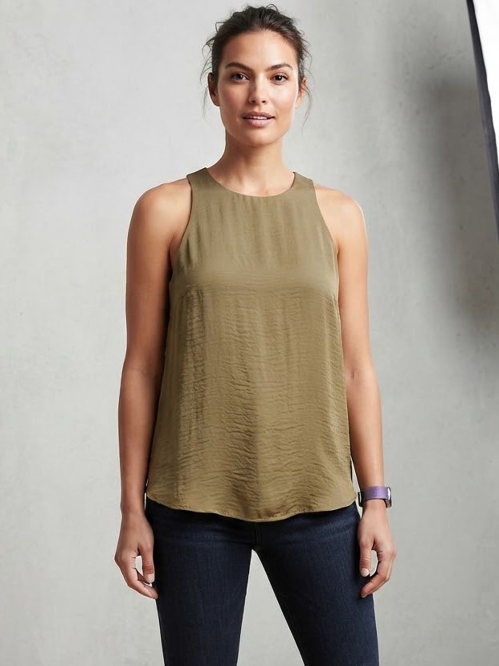 Banana Republic Olive Green High Neck Zip Back Sleeveless Tunic Top Sz M